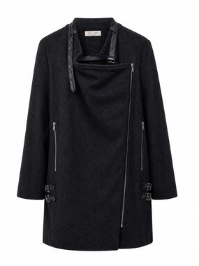 Elvi, Women’s,Blackish/Grey,Wool Blend,Biker Front,Long Sleeve Coat. Size-10